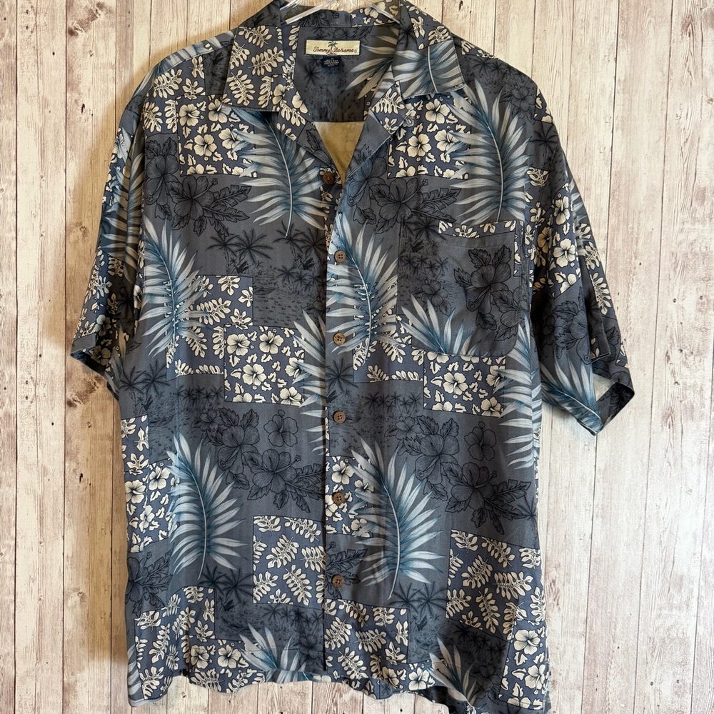 Tommy Bahama Grey Botanical Silk Hawaiian Shirt - Picture 1 of 6